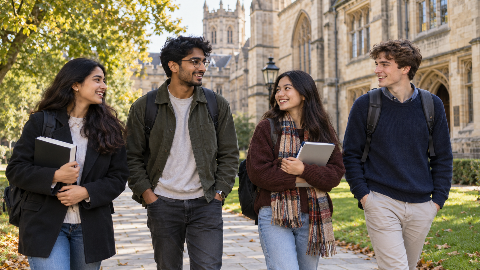 Students with books outside a historic university building