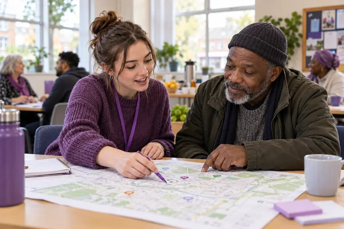 Health social care and wellbeing student and community outreach mentor planning local services using a neighbourhood map in a community hub