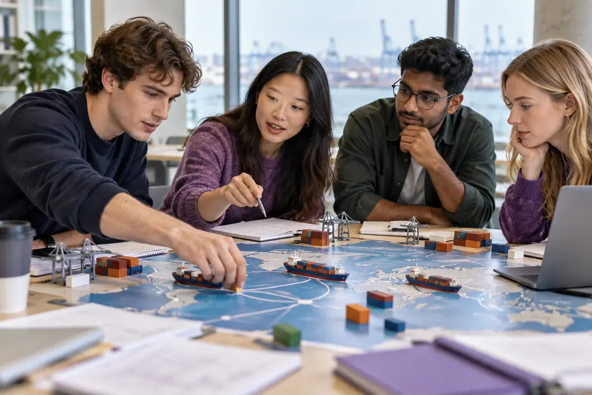 Business management students solving an international supply chain case using a tabletop model of shipping containers and routes