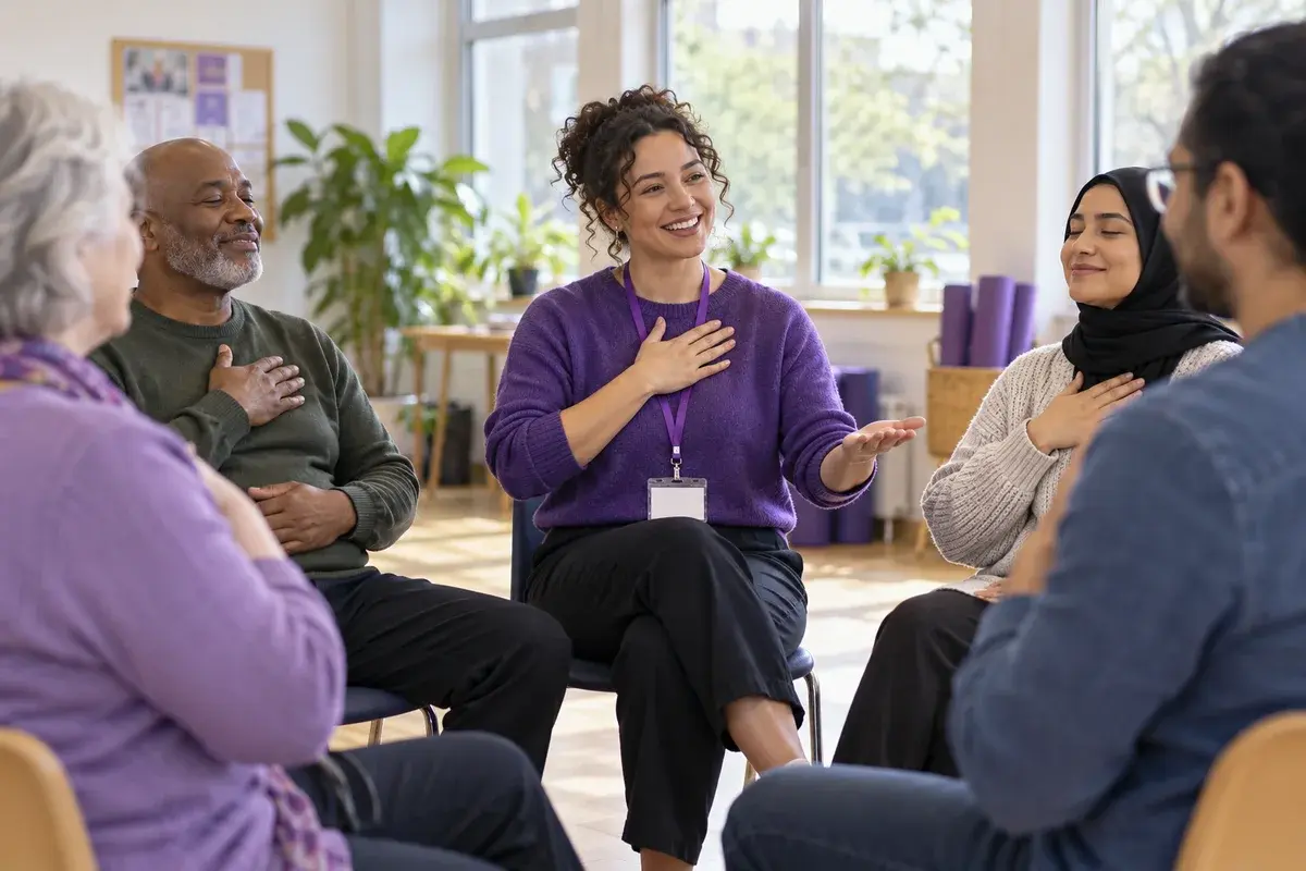 Community wellbeing worker leading a gentle group wellbeing activity with diverse adults in a light community centre