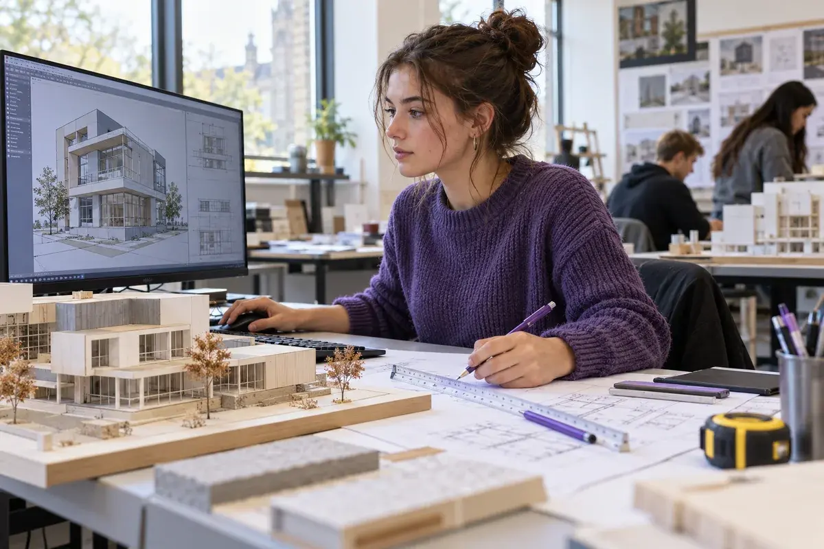 Construction design technician using CAD model on a workstation with scale architectural model and measuring tools, technical college studio