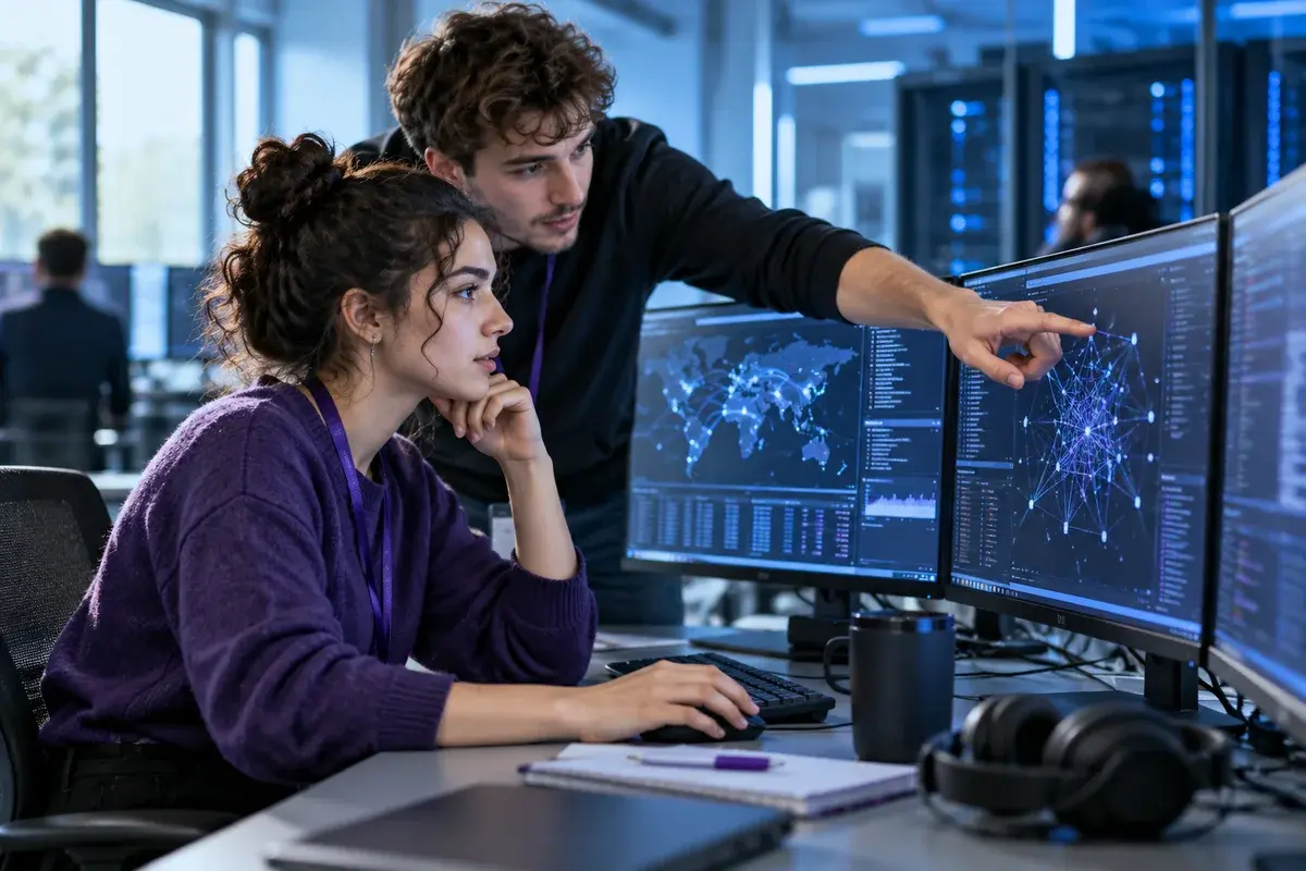 Cyber security learner investigating a network on monitors with abstract network diagrams in a blue-lit secure technology lab, no hacker stereotype
