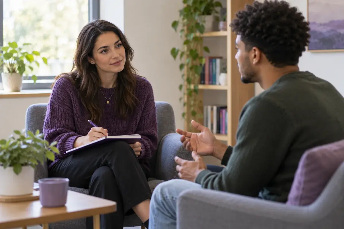 Counselling skills students practising an attentive listening conversation in a quiet training room, professional respectful distance