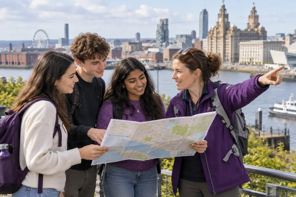 Tourism management students with a professional guide planning a sustainable city tour using a paper map overlooking a British waterfront