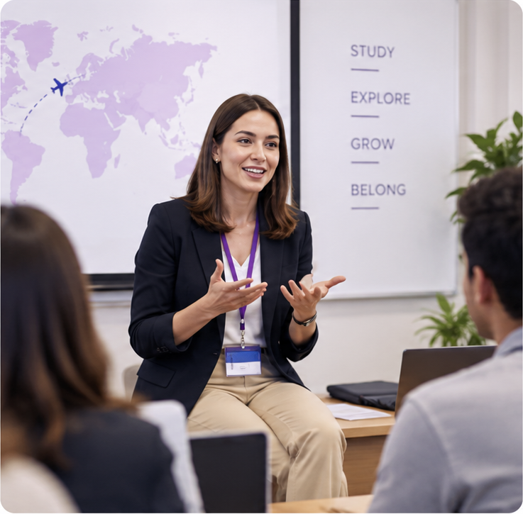 An education counsellor discussing study abroad opportunities with students